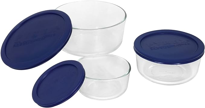 Pyrex Simply Store 6-Pc Glass Food Storage Set with BPA-Free Lids, 7-Cup to 2-Cup Round Containers, Dishwasher, Microwave & Freezer Safe, Blue