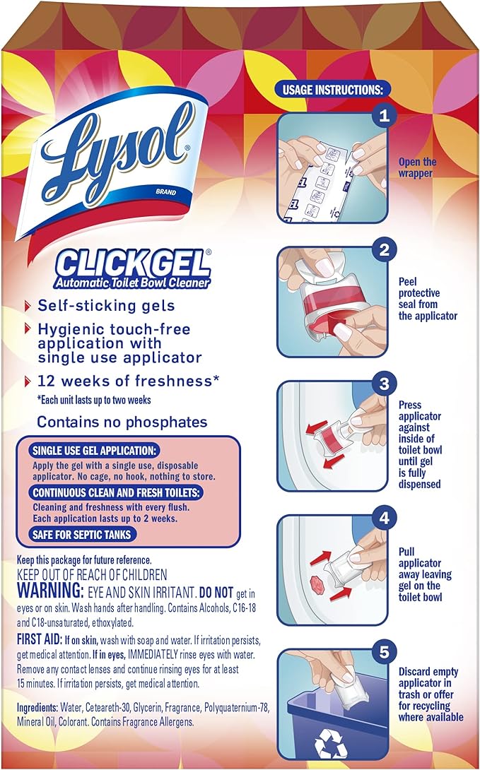 Lysol Click Gel Automatic Toilet Bowl Cleaner, Gel Toilet Bowl Cleaner, For Cleaning and Refreshing, Mango & Hibiscus, 6 Count (Pack of 1)