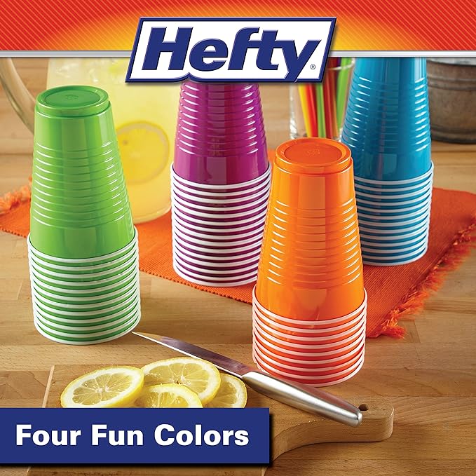 Hefty Party On Disposable Plastic Cups, Assorted, 16 Ounce, 100 Count (Pack of 4), 400 Total