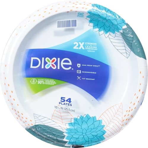 Dixie Paper Plates, 10 1/16 inch, Dinner Size Printed Disposable Plate, 54 Count (2 Pack of 54 Plates), Packaging and Design May Vary