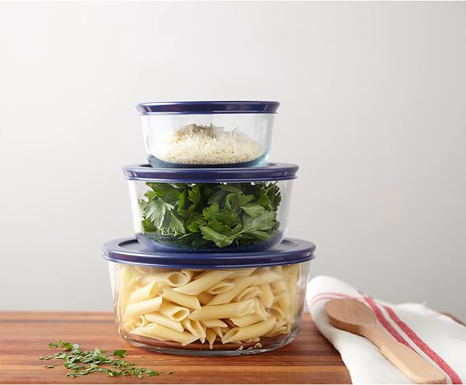 Pyrex Simply Store 6-Pc Glass Food Storage Set with BPA-Free Lids, 7-Cup to 2-Cup Round Containers, Dishwasher, Microwave & Freezer Safe, Blue