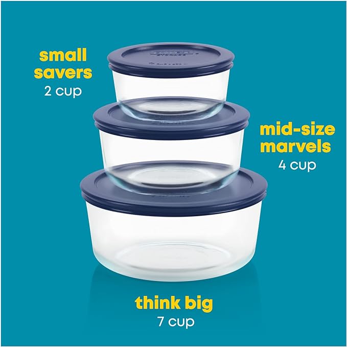Pyrex Simply Store 6-Pc Glass Food Storage Set with BPA-Free Lids, 7-Cup to 2-Cup Round Containers, Dishwasher, Microwave & Freezer Safe, Blue
