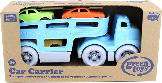 Green Toys Car Carrier, Blue - Pretend Play, Motor Skills, Kids Toy Vehicle. No BPA, phthalates, PVC. Dishwasher Safe, Recycled Plastic, Made in USA (4 Piece Set)
