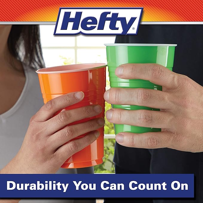 Hefty Party On Disposable Plastic Cups, Assorted, 16 Ounce, 100 Count (Pack of 4), 400 Total