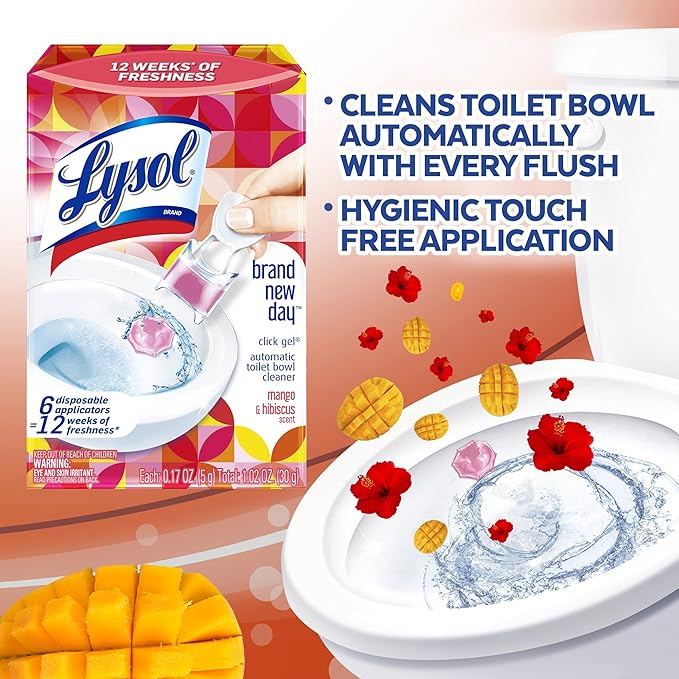 Lysol Click Gel Automatic Toilet Bowl Cleaner, Gel Toilet Bowl Cleaner, For Cleaning and Refreshing, Mango & Hibiscus, 6 Count (Pack of 1)