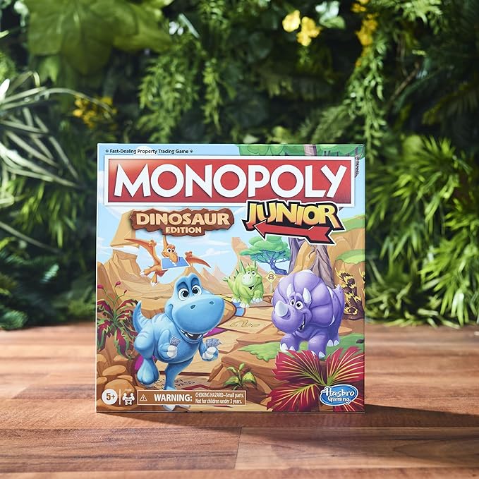 Hasbro Gaming Monopoly Junior Dinosaur Edition Board Game, 2-4 Players, with Dino-Themed Toy Tokens, Ages 5+