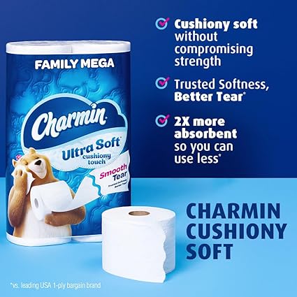 Charmin Ultra Soft Cushiony Touch Toilet Paper, 30 Family Mega Rolls = 153 Regular Rolls (Packaging May Vary)