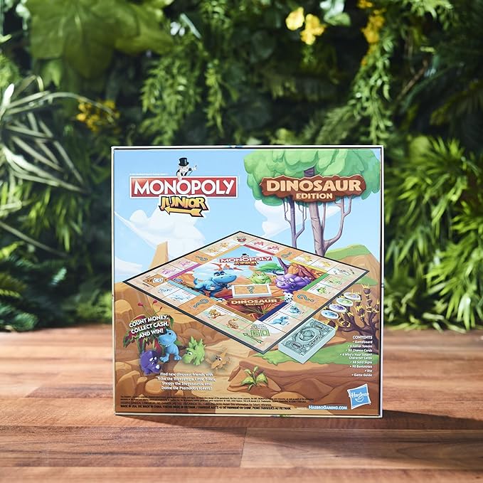 Hasbro Gaming Monopoly Junior Dinosaur Edition Board Game, 2-4 Players, with Dino-Themed Toy Tokens, Ages 5+