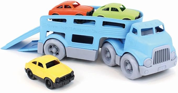 Green Toys Car Carrier, Blue - Pretend Play, Motor Skills, Kids Toy Vehicle. No BPA, phthalates, PVC. Dishwasher Safe, Recycled Plastic, Made in USA (4 Piece Set)