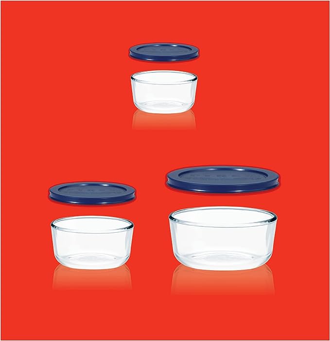 Pyrex Simply Store 6-Pc Glass Food Storage Set with BPA-Free Lids, 7-Cup to 2-Cup Round Containers, Dishwasher, Microwave & Freezer Safe, Blue
