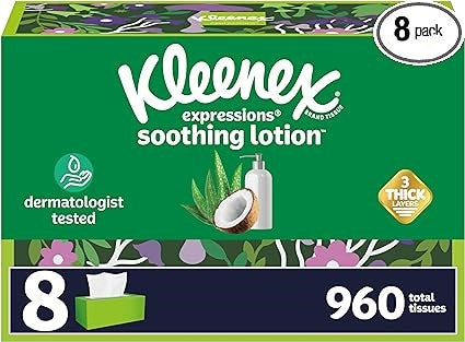 Kleenex Expressions Soothing Lotion Facial Tissues with Coconut Oil, 8 Flat Boxes, 120 Tissues per Box, 3-Ply (960 Total Tissues), Packaging May Vary