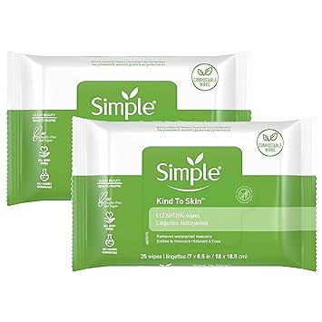 Simple Kind to Skin Facial Wipes Gentle and Effective Makeup Remover Cleansing Free from color and dye artificial perfume and harsh chemicals, 25 Count (Pack of 2)