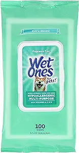 Wet Ones for Pets Hypoallergenic Multi-Purpose Dog Wipes with Vitamins A, C & E | No Fragrance Hypoallergenic Dog Wipes for All Dogs Wipes Multipurpose | 100 Count Pouch Dog Wipes