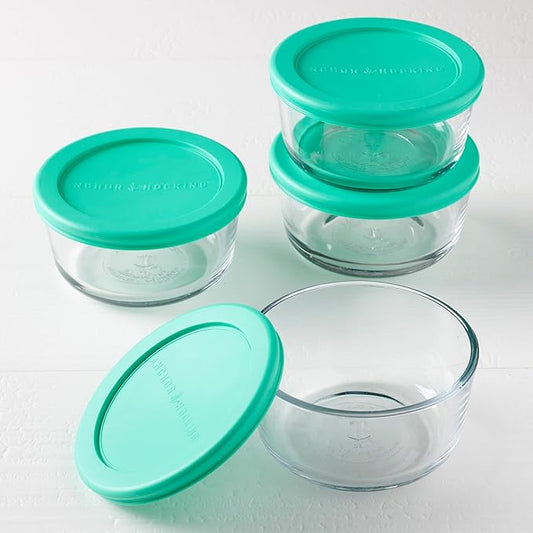 Anchor Hocking 2 Cup Glass Storage Containers with Lids, Set of 4 Glass Food Storage Containers with Mint SnugFit Lids