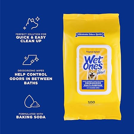 Wet Ones for Pets Deodorizing Multi-Purpose Dog Wipes with Baking Soda, 100 ct- 3 Pack | Dog Deodorizing Wipes for All Dogs in Tropical Splash Scent, Wet Ones Wipes for Deodorizing Dogs (FF12849PCS3)