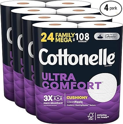 Cottonelle Ultra Comfort Toilet Paper with Cushiony CleaningRipples, 2-Ply, 24 Family Mega Rolls (4 Packs of 6) (24 Family Mega Rolls = 108 Regular Rolls), 325 Sheets per Roll, Packaging May Vary