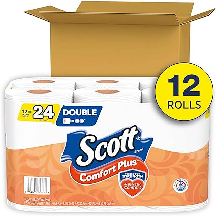 Scott Comfort Plus Toilet Paper, 12 Double Rolls, 231 Sheets per Roll, Septic-Safe, 1-Ply Toilet Tissue