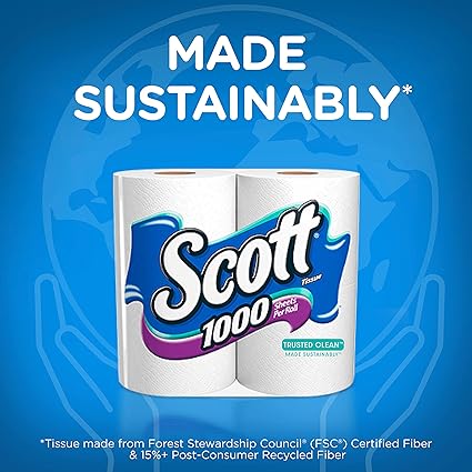 Scott 1000 Trusted Clean Toilet Paper, 32 Regular Rolls, Septic-Safe Toilet Tissue, 1-Ply Rolls