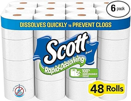 Scott Rapid-Dissolving Toilet Paper, 48 Double Rolls (6 Packs of 8 Rolls), Sustainable, Septic-Safe Toilet Paper/Toilet Tissue