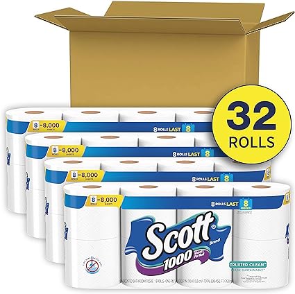 Scott 1000 Trusted Clean Toilet Paper, 32 Regular Rolls, Septic-Safe Toilet Tissue, 1-Ply Rolls