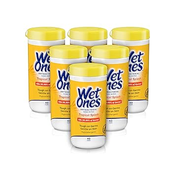 Wet Ones Antibacterial Hand Wipes, Tropical Splash Wipes | Antibacterial Wipes, Hand Sanitizer Wipes, Wet Ones Wipes, 40 ct. Canister (6 pack)