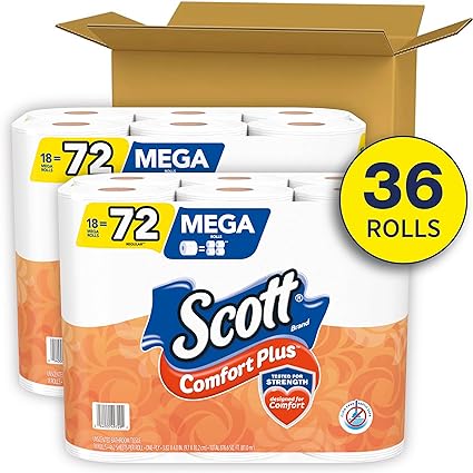 Scott ComfortPlus Toilet Paper, 36 Mega Rolls (2 Packs of 18), 425 Sheets per Roll, Septic-Safe, 1-Ply Toilet Tissue