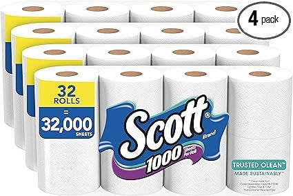 Scott 1000 Trusted Clean Toilet Paper, 32 Regular Rolls, Septic-Safe Toilet Tissue, 1-Ply Rolls