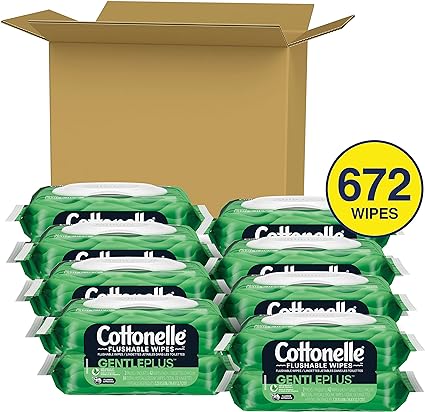 Cottonelle GentlePlus Flushable Wet Wipes with Aloe & Vitamin E, Adult Wet Wipes, 16 Flip-Top Packs (8 Bundles of 2 Packs), 672 Total Wipes (42 Wipes Per Pack), Packaging May Vary