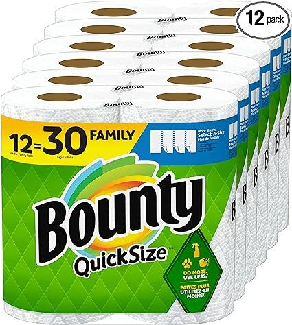 Bounty Quick-Size Paper Towels, White, 12 Family Rolls = 30 Regular Rolls