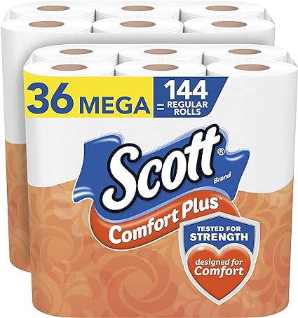 Scott ComfortPlus Toilet Paper, 36 Mega Rolls (2 Packs of 18), 425 Sheets per Roll, Septic-Safe, 1-Ply Toilet Tissue