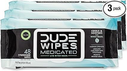 DUDE Wipes - Medicated Flushable Wipes - 3 Pack, 144 Wipes - Unscented Extra-Large Adult Wet Wipes - Maximum Strength Medicated Witch Hazel - Septic and Sewer Safe Medicated Wipes