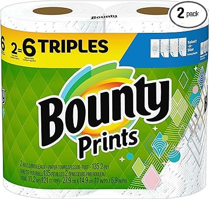 Bounty Select-A-Size Paper Towels, Prints, 2 Triple Rolls = 6 Regular Rolls (Packaging May Vary)