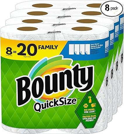 Bounty Quick Size Paper Towels, White, 8 Family Rolls = 20 Regular Rolls