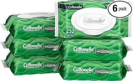 Cottonelle GentlePlus Flushable Wet Wipes with Aloe & Vitamin E, Adult Wet Wipes, 6 Flip-Top Packs, 42 Wipes per Pack (6 Packs of 42) (252 Total Flushable Wipes), Packaging May Vary