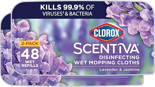 Clorox Scentiva Disinfecting Wet Mop Pad, Disposable Mop Heads, Multi-Surface Floor Wipes, Lavender and Jasmine, 2 Packs, 24 Wet Refills Per Pack (Package May Vary)