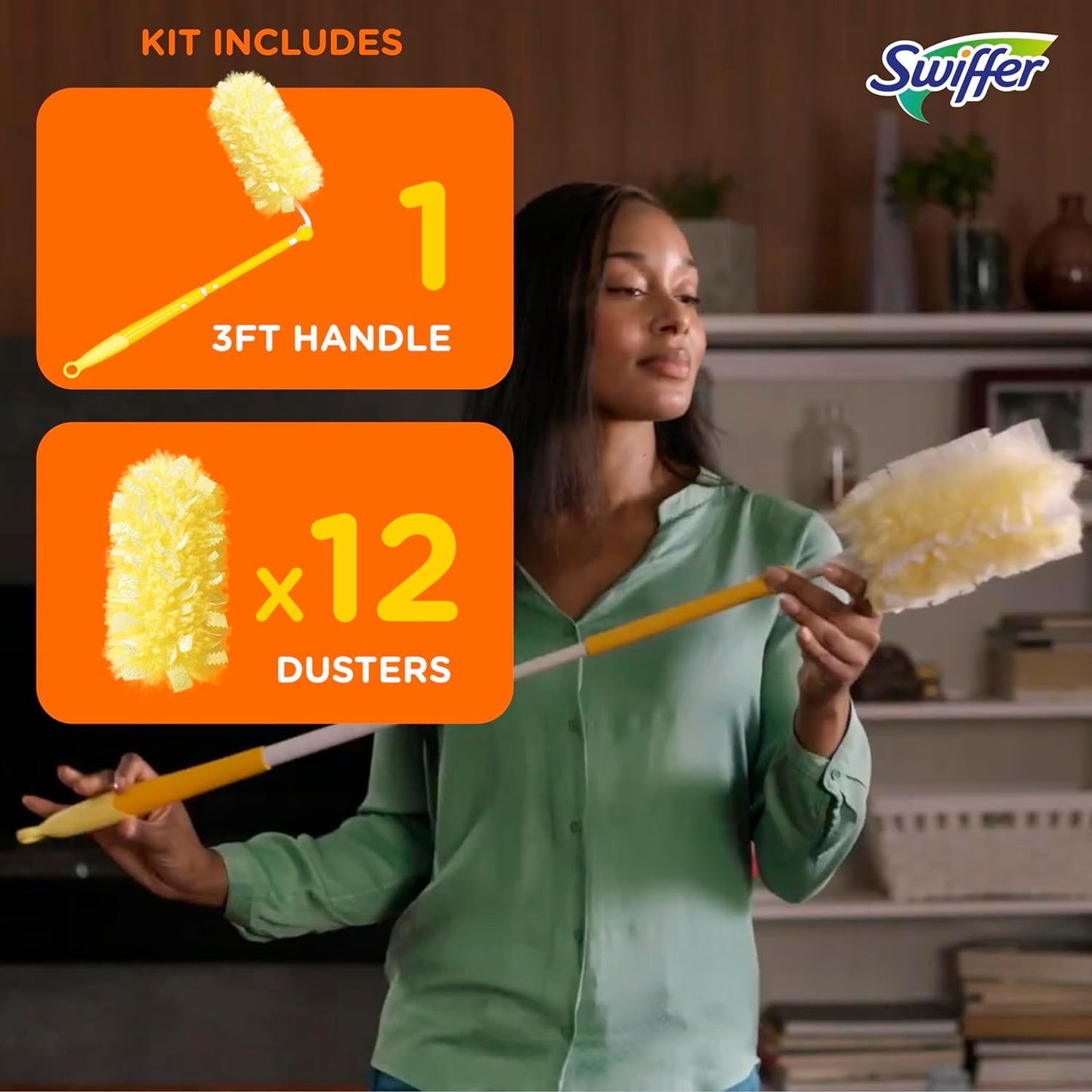 Swiffer Dusters Heavy Duty Extender Handle Starter Kit (1 Handle, 12 Dusters)