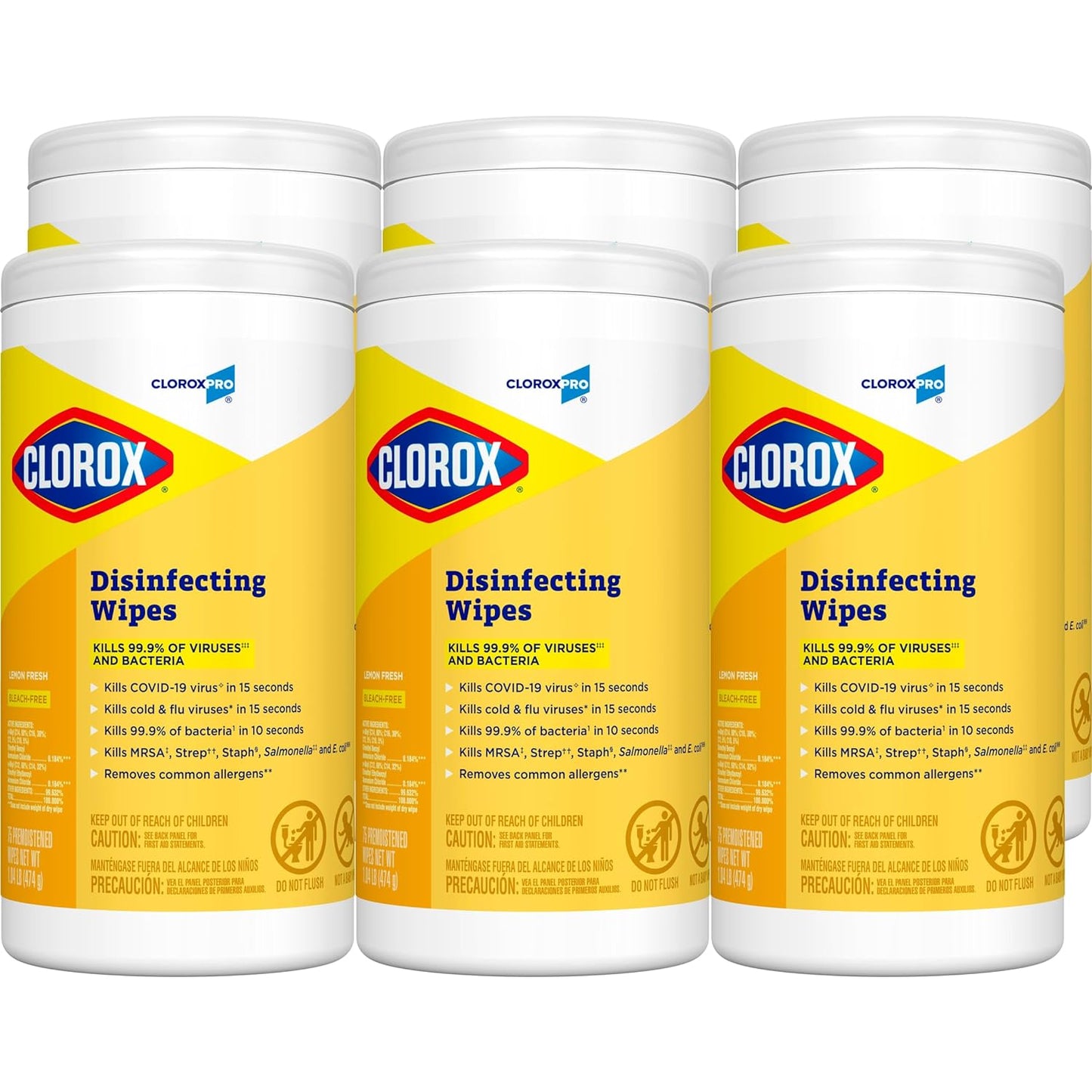 CloroxPro Clorox Disinfecting Wipes, Lemon Fresh, 75 Count, Pack of 6 (Package May Vary)