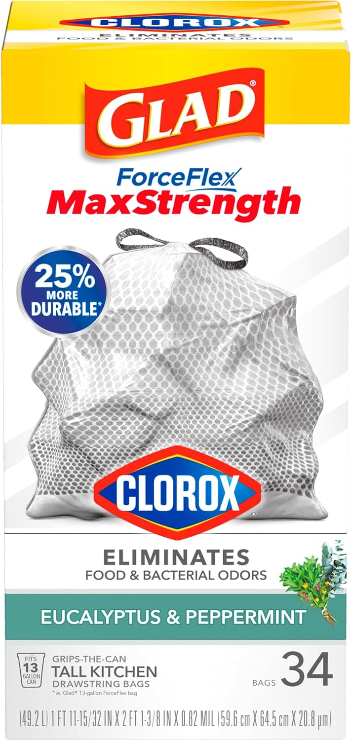 Glad ForceFlex MaxStrength with Clorox Tall Kitchen Drawstring Trash Bags, 13 Gallon Grey Trash Bags, Eucalyptus and Peppermint Scent, 90 Count