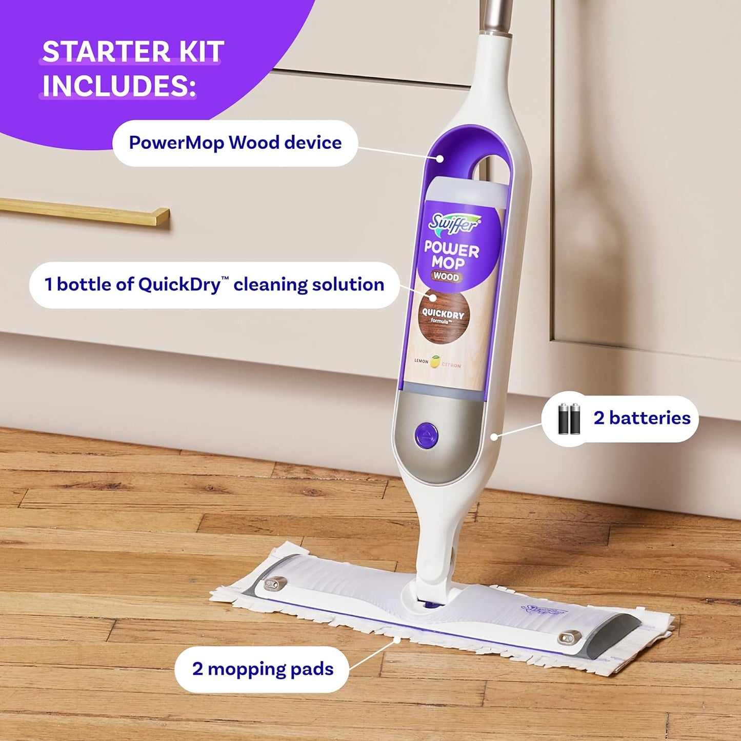 Swiffer PowerMop Wood Mop Kit for Wood Floor Cleaning, Quickdry Solution with Lemon Scent, Mopping Kit Includes PowerMop Wood, 2 Mopping Pad Refills