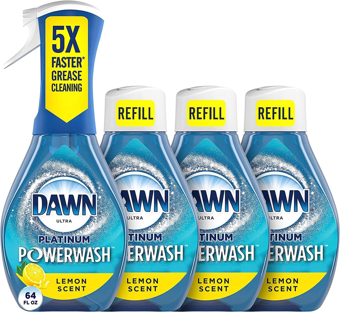 Dawn Platinum Powerwash Dish Spray, Dish Soap, Lemon Scent Refill, 16 oz, 1 Starter Kit + 3 Refills, 4 Total