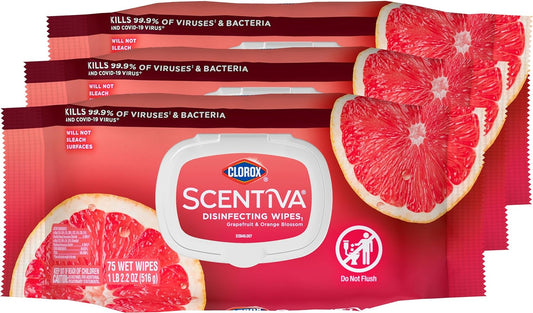 Clorox Scentiva Wipes, Bleach Free Cleaning Wipes, Household Essentials, Tahitian Grapefruit Splash, 75 Count (Pack of 3)