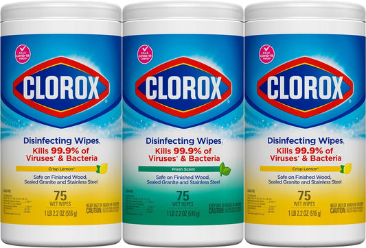 Clorox Disinfecting Wipes Value Pack, Household Essentials, 75 Count (Pack of 3)(Package May Vary)