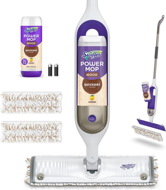Swiffer PowerMop Wood Mop Kit for Wood Floor Cleaning, Quickdry Solution with Lemon Scent, Mopping Kit Includes PowerMop Wood, 2 Mopping Pad Refills