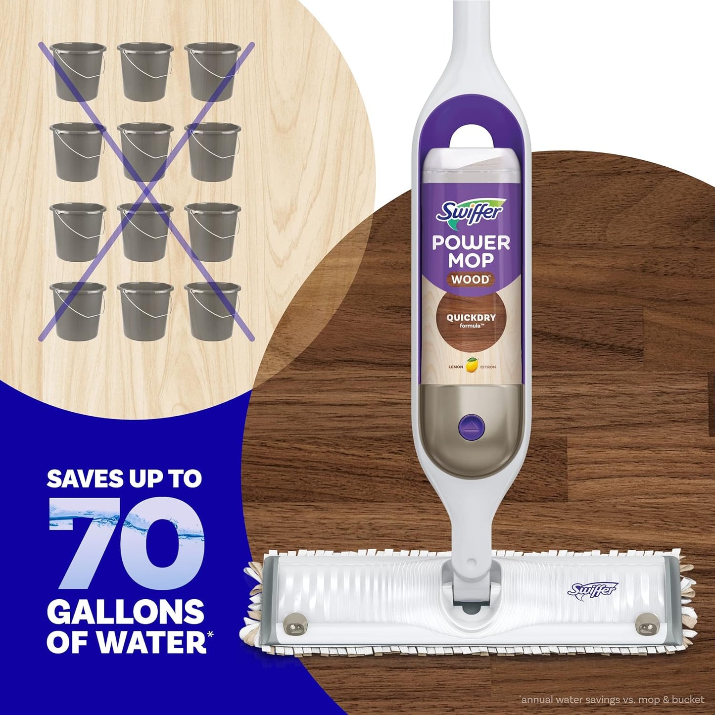 Swiffer PowerMop Wood Mop Kit for Wood Floor Cleaning, Quickdry Solution with Lemon Scent, Mopping Kit Includes PowerMop Wood, 2 Mopping Pad Refills