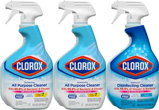 Clorox Disinfecting All-Purpose Cleaner 32 Oz and Disinfecting Bathroom Cleaner, Household Essentials, 30 Oz, Pack of 3