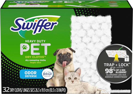 Swiffer Sweeper Pet, Heavy Duty Dry Sweeping Cloth Refills with Febreze Odor Defense, 32 Count, Liquid