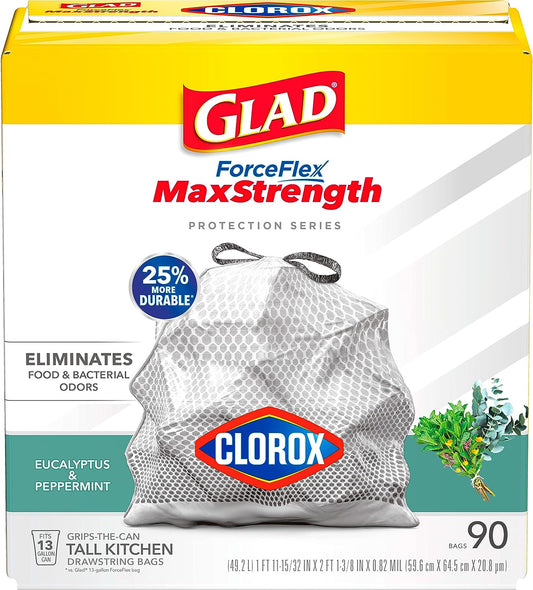 Glad ForceFlex MaxStrength with Clorox Tall Kitchen Drawstring Trash Bags, 13 Gallon Grey Trash Bags, Eucalyptus and Peppermint Scent, 90 Count