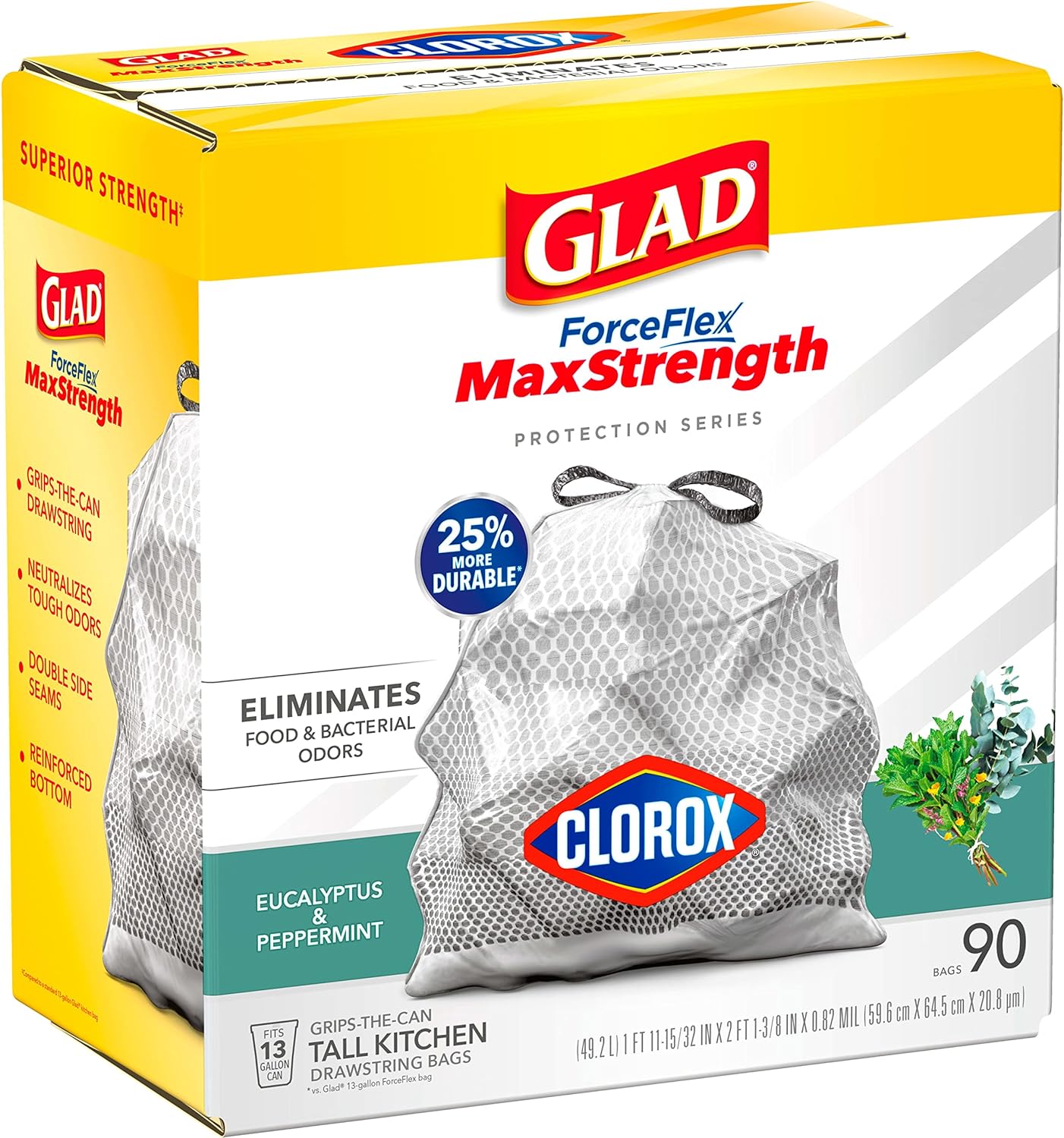 Glad ForceFlex MaxStrength with Clorox Tall Kitchen Drawstring Trash Bags, 13 Gallon Grey Trash Bags, Eucalyptus and Peppermint Scent, 90 Count