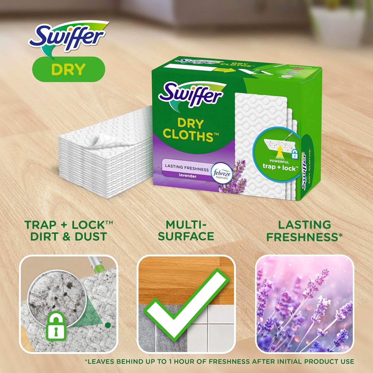 Swiffer Sweeper Dry Sweeping Pad, Multi Surface Refills for Dusters Floor Mop, with Febreze Lavender, 32 count