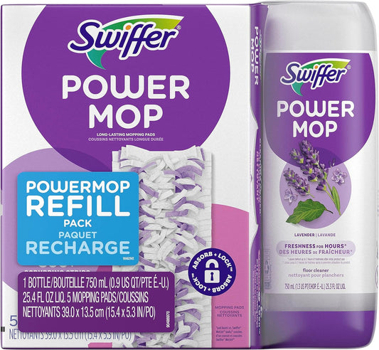 Swiffer PowerMop Multi-Surface Refill Pack for Floor Cleaning, Includes 5 Mopping Pad Refills, 1 Cleaning Solution with Lavender Scent